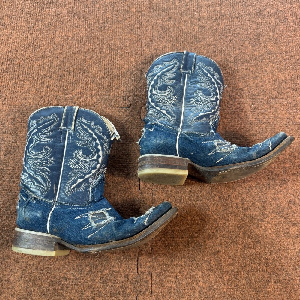 Old West Kids Distressed Blue Denim Cowboy Boots Pointed Toe Western Size 12 C+
